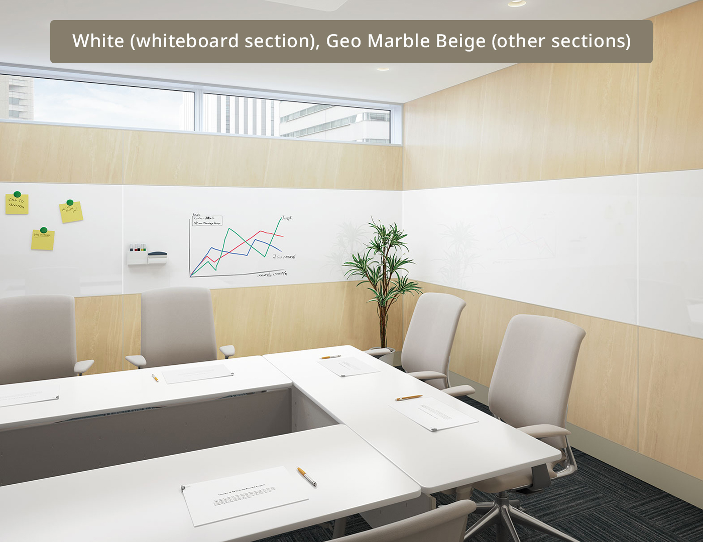 White (whiteboard section), Geo Marble Beige (other sections)