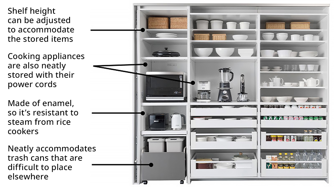Home appliances, trash cans, stock items, and more can be stored together and are readily visible. Note: Front width in photo is 250 cm.
Sliding drawer bottom panel is made of enamel.