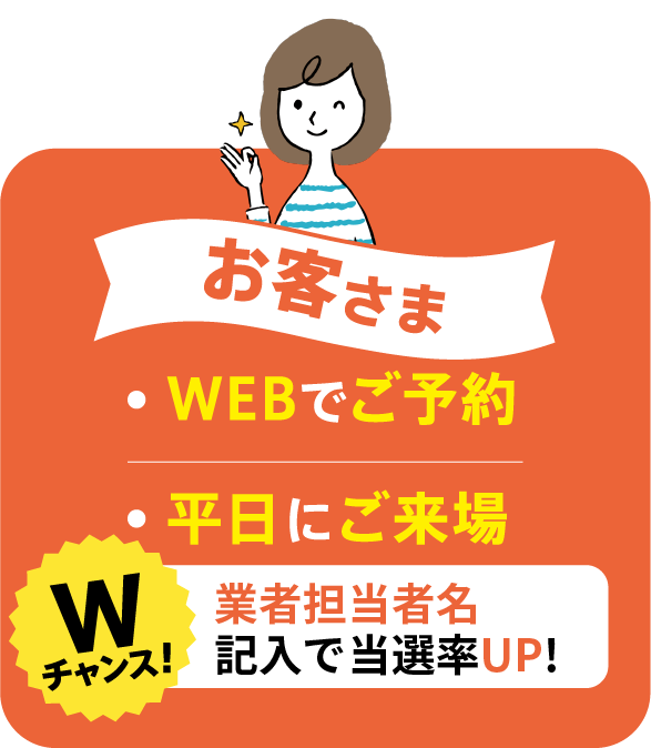 お客さま　＜応募条件＞WEBでご予約、平日にご来場　Wチャンス！工務店担当者名記入で当選率UP！
