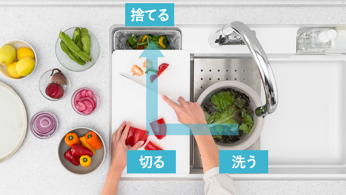 ミドルスペースで野菜を洗い、カットや野菜くずの寄り分けはすぐ横のまな板上で。野菜くずはそのままごみポケットに入れられるのでゴミが広がらず、シンクの中はいつも清潔です。