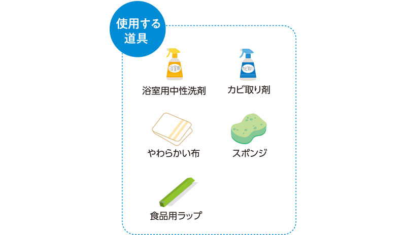 使用する道具　浴室用中性洗剤　カビ取り剤　やわらかい布　スポンジ　食品用ラップ