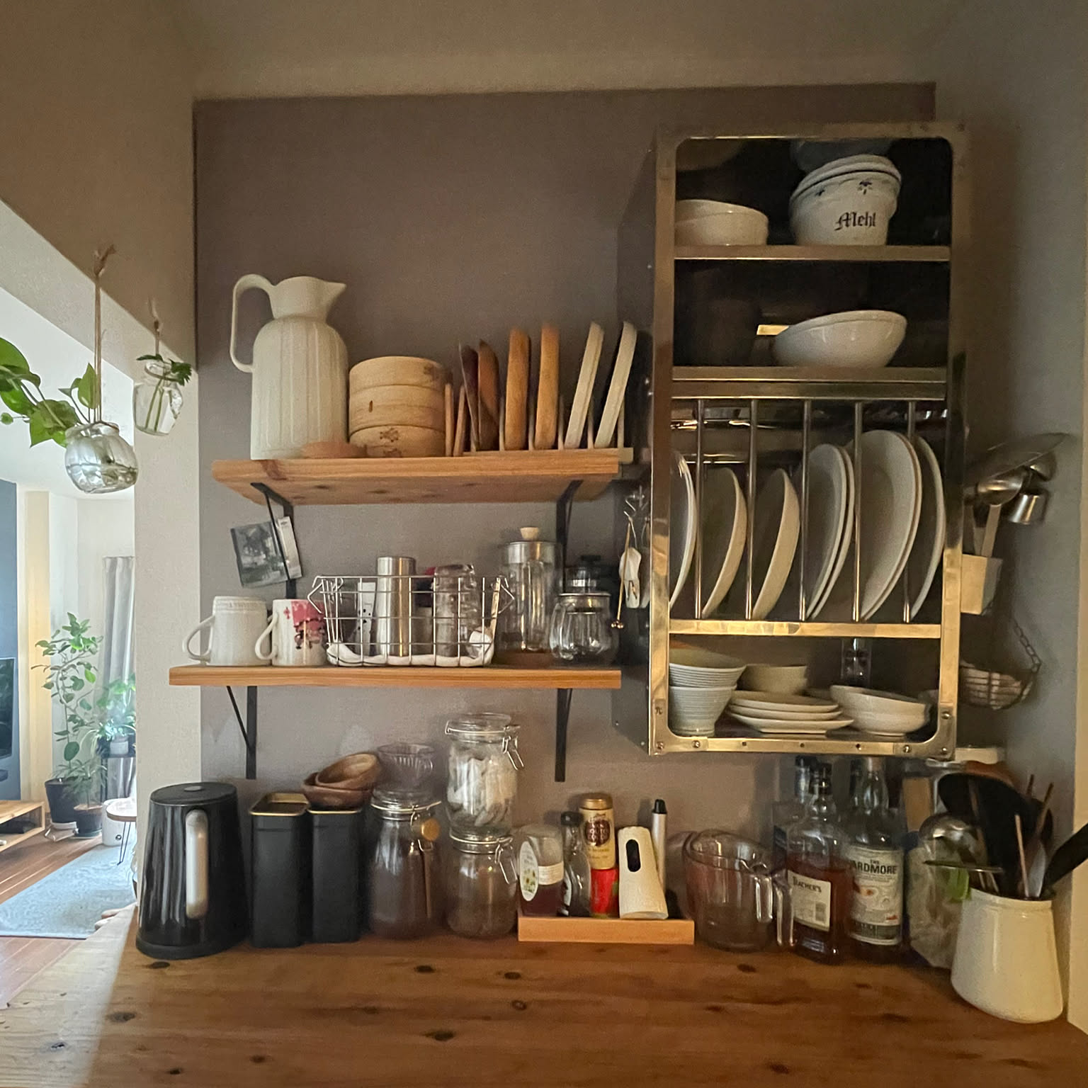 Kitchen,壁面収納,無印良品,IKEA,賃貸,2LDK,2人暮らし,賃貸でも諦めない!,グリーンのある暮らし,バックボードDIY,『RCカントリー倶楽部☆』,RoomClipショッピング,たなDIY,スタンドバー,HEY,セカンドライフ akoの部屋